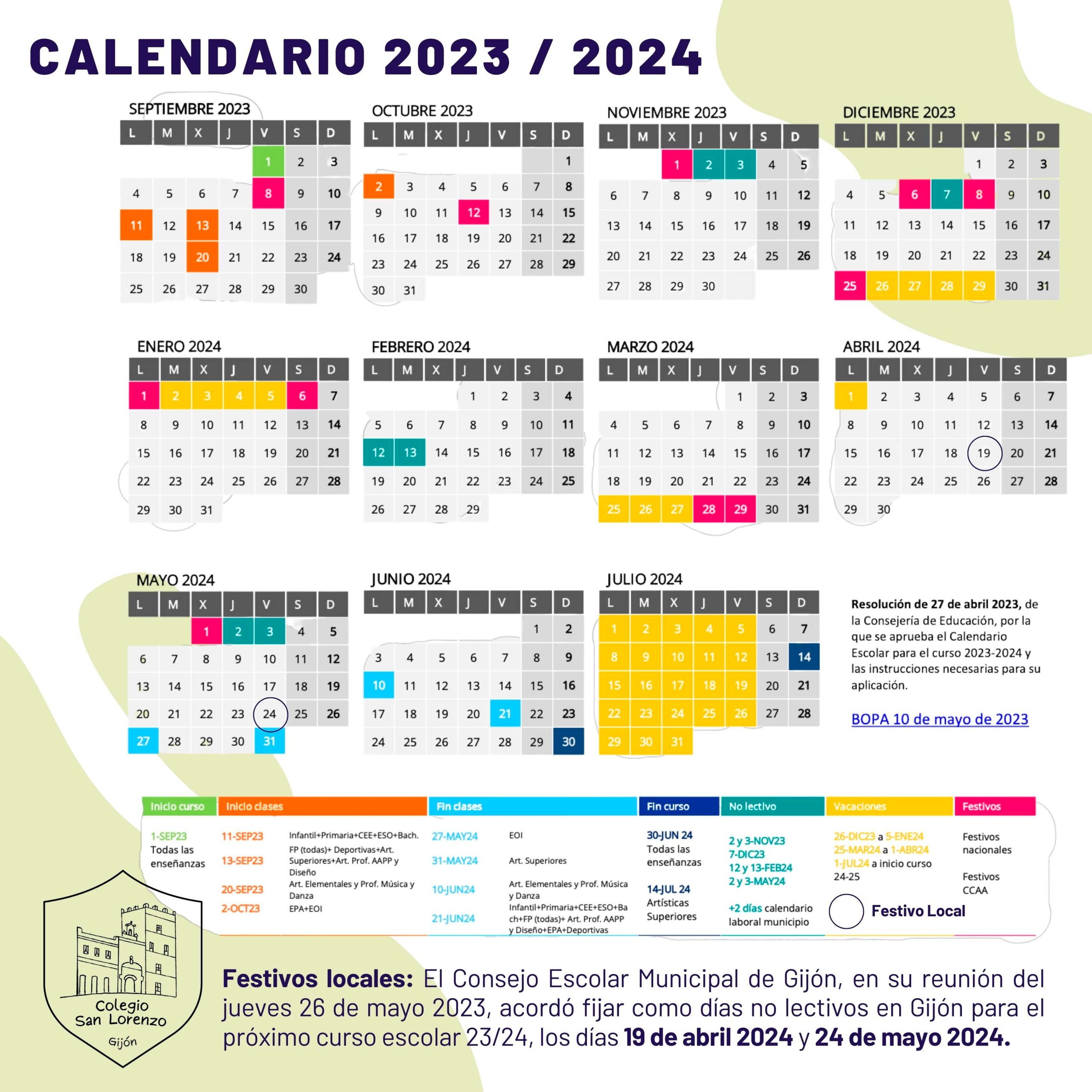 Calendario escolar curso 2023/24 Colegio San Lorenzo Gijón